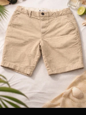 Beige linneshorts med fickor - Snygga beige shorts i linne med klassisk passform och bälteshällor. Shortsen har sidofickor fram och två passpoalfickor bak. Perfekta för varma dagar och enkel att matcha med olika stilar.