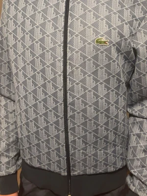 Mönstrad hoodie  från Lacoste - Snygg hoodie  från Lacoste i grått och vitt med grafiskt mönster. Jackan har dragkedja framtill, ribbade muddar och en blåvit rand längs ärmarna. Klassisk Lacoste-logga på bröstet. Perfekt för dig som vill sticka ut med en unik streetwear-look.