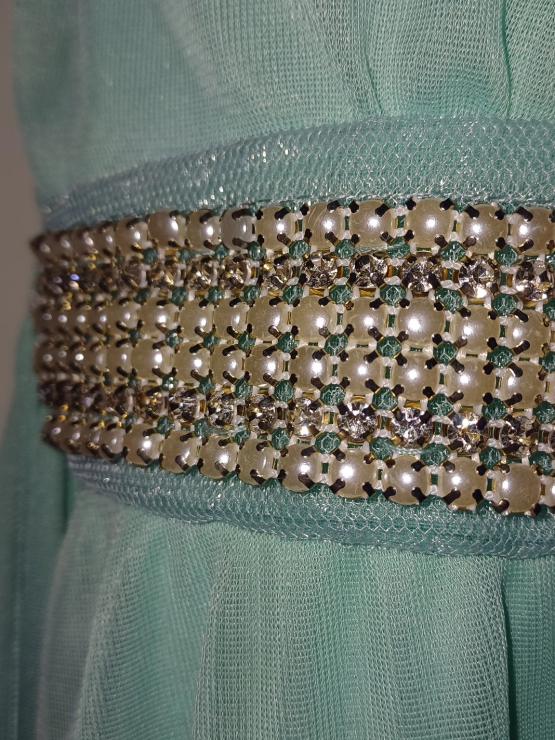 Turkos långklänning med pärlmidja - 2