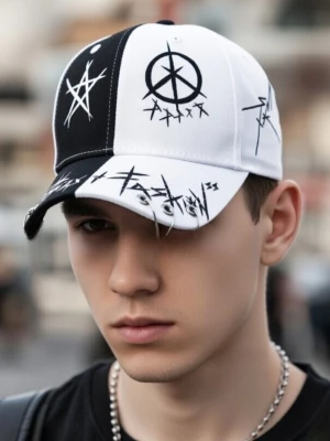 Baseballkeps koreansk - Trendig baseballkeps koreansk.  Supercool konstnärlig keps med platt skärm. Huvud 54-60 cm. Hög 12 cm. Skärm 7 cm.