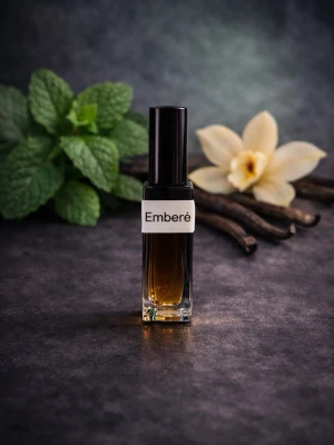 Emberé parfym med vanilj och mynta - Upptäck Emberé parfym i en elegant glasflaska med svart lock. Doften har tydliga inslag av vanilj och mynta, vilket ger en fräsch och varm känsla. Flaskan är rektangulär och har en stilren etikett med märkesnamnet.