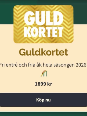 Guldkortet säsongspass 2026 - Säljer ett Guldkort som ger fri entré och fria åk hela säsongen 2026 på nöjespark. Kortet är guldigt med vit text och har ett exklusivt utseende. Perfekt för dig som vill maxa nöjesparksbesöken under året. Har två styck som är tillgängliga att köpa kan även mötas upp 