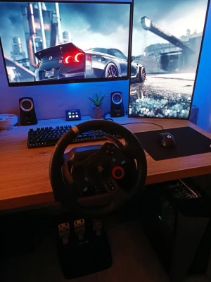 Logitech G29 ratt och pedaler - Säljer en Logitech G29 racingratt med pedaler, perfekt för bilspel på PC och PlayStation. Ratten har svart läderklädsel, blå och röda detaljer samt flera knappar och en vridreglage. Pedalerna är i metall och plast för realistisk känsla. Strömadapter medföljer.
