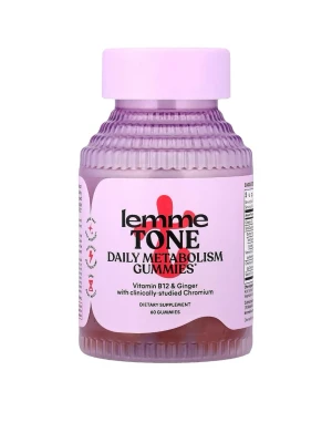 Lemme Tone Metabolism Gummies - Oöppnad Burk med Lemme Tone Daily Metabolism Gummies, ett kosttillskott med vitamin B12, ingefära och krom. Burken är lila och rosa med text i svart och rött. Innehåller 60 gummies och är designad för dagligt intag.