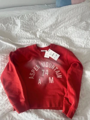 Zara Röd croppad sweatshirt Aspen Mountain - Cool röd croppad sweatshirt med trycket 'Aspen Mountain 74 AM' i vitt framtill. Tröjan har rund halsringning och ribbade muddar vid ärmslut och nederkant. Perfekt till jeans eller shorts för en avslappnad look. Pris kan diskuteras💓 Hade också kunnat byta med en i M eller L💕Helt ny med lappen kvar!