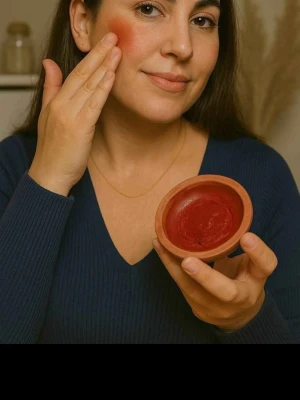 Krämrouge i varm röd ton Natur läpstef från Marocko  - Naturligt krämrouge i en varm röd nyans, levererat i en rund träskål. Rouget har en mjuk, krämig konsistens som appliceras enkelt med fingrarna för en fräsch och naturlig look. Perfekt för dig som vill ha en lättapplicerad produkt med glow.