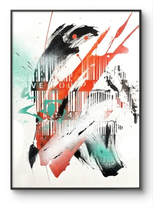 Abstrakt tavla med färgstarka motiv "Flow" - Säljer en modern abstrakt tavla med motiv i svart, röd och turkos färg. Konstverket har inslag av streckkodsmönster och textfragment, och är perfekt som statement piece till hemmet. Dukpannå.  (Ram ingår ej) Konstnär: Malin Wiberg Näslund/Artbymawi 