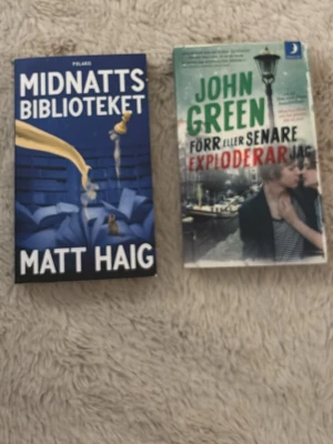 Midnattsbiblioteket & Förr eller senare exploderar jag - Två skönlitterära böcker: 'Midnattsbiblioteket' av Matt Haig, och 'Förr eller senare exploderar jag' av John Green. Båda är helt nya 💗