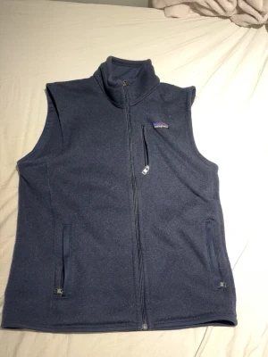 Blå fleeceväst från Patagonia - Mysig blå fleeceväst från Patagonia med hög krage och hel dragkedja framtill. Västen har två sidofickor med dragkedja och en bröstficka med dragkedja. Perfekt för lager-på-lager och outdoor-vibe.