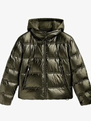 Olivgrön glansig pufferjacka - Olivgrön jacka från Massimo Dutti, fint skick utom en innerficka som är trasig. Storlek M. Luva tillkommer som är matt i materialet. Denna är perfekt som vårjacka men kommer ej till användning hos mig 