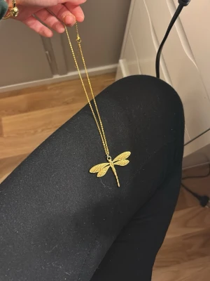 Guldfärgat halsband med trollslända - Skysterbart!!! Snyggt halsband i guldfärg med en detaljrik trollslända som hänge. Kedjan är tunn och elegant, perfekt för att ge en cool touch till din outfit. Materialet ser ut att vara metall med en blank finish. 