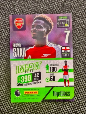 Panini fotbollskort Bukayo Saka Arsenal - Ett samlarkort från Panini med Bukayo Saka i Arsenal-tröja. Kortet har färgerna röd, vit, grön och svart med detaljer som spelarstatistik och texten 'Impact Hero'. Perfekt för dig som gillar fotboll och samlar på Premier League-kort.