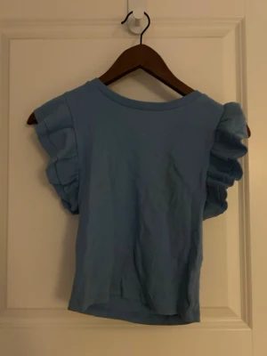 Ljusblå ribbad topp med volangärmar från Zara - Säljer en ljusblå ribbad topp med breda volangärmar. Toppen har rund hals och är croppad i modellen. Materialet känns mjukt och stretchigt, perfekt för dig som gillar en chill och snygg stil.  Den är från Zara och säljer då den ej kommer till användning. Är i strl m men kn användas som s