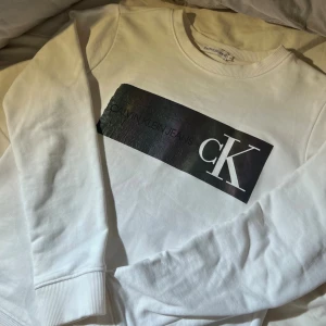 Vit Calvin Klein sweatshirt - Vit sweatshirt från Calvin Klein med logotryck och cK-detalj på bröstet. Tröjan har rund halsringning, långa ärmar och ribbade muddar vid ärmslut och nederkant. Perfekt för en clean och stilren look. (Inte speciellt använd, däremot tvättad därav är trycket skrynkligt)