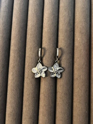 Silvriga blomörhängen med stenar - Säljer ett par silvriga örhängen i form av blommor med fem kronblad. Örhängena har små gnistrande stenar på blomman och på själva hänget. Perfekt för dig som gillar detaljerade och unika smycken med blommotiv.