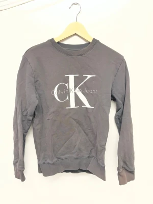 Grå sweatshirt från Calvin Klein Jeans - Mysig grå sweatshirt från Calvin Klein Jeans med stort vitt CK-tryck på bröstet. Tröjan har rund halsringning, långa ärmar och ribbade muddar vid ärmslut och nederkant. Perfekt för en avslappnad och stilren look.