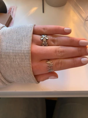 Två silvriga ringar med blommor - Säljer två stilrena silvriga ringar i metall. Den ena ringen har ett mönster av små blommor runt hela bandet och den andra har en tunnare design med små stjärnliknande blommor. Perfekta för dig som gillar en söt och trendig look. Man kan köpa enskilt om så önskas.