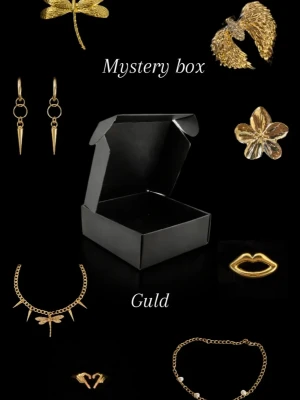 Mystery box med guldsmycken - 1 smycke pär box! Mystery box fylld med olika guldfärgade smycken som halsband, örhängen, ringar och armband. Innehållet har motiv som läppar, blommor, trollslända och vingar. Perfekt för dig som gillar överraskningar och unika accessoarer.