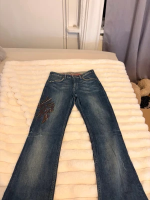 Blå Miss Sixty jeans med nitar - Säljer ett par blå jeans från Miss Sixty med utsvängda ben, dekorerade med nitar längs fickor och midja samt ett brunt broderat mönster med nitar på ena benet. Jeansen har klassisk femficksmodell och cool vintage tvätt. Perfekta för dig som gillar detaljer! Modellen: Miss Sixty Selfish i storlek 28(passar mig som han 25/26 i vanliga fall) bild på lapp kan skickas vid förfrågan