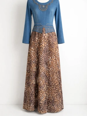 Långklänning med denimliv och mönstrad kjol - Som ny, kommer inte till användning