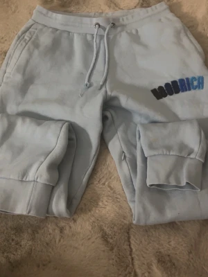 Ljusblå mjukisbyxor från Hoodrich - Säljer ett par ljusblå mjukisbyxor från Hoodrich med broderad logga i blått och svart på ena benet. Byxorna har dragsko i midjan, muddar vid bensluten och mjukt fleecefoder på insidan. Perfekta för chill dagar eller streetwear-stil.