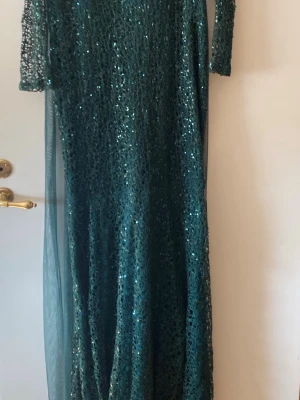 Grön långklänning med paljetter - Snygg grön långklänning med glittriga paljetter och ett elegant fall. Perfekt för dig som vill sticka ut med en unik look. Köptes från Turkiet . Passar M,L,XL, tyget är lite stretchig 