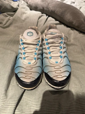 Nike Air Max tn blå/vit sneakers - Nike Air Max tn sneakers i blått och vitt med svarta detaljer. Skorna har en mesh-överdel med vågiga linjer och synlig Air Max-dämpning i sulan. Klassisk Swoosh-logga på sidan och vita skosnören. Perfekta för dig som gillar streetwear och sportig stil.