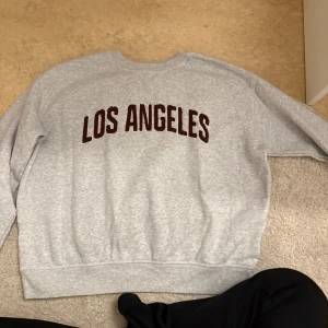 Grå sweatshirt med Los Angeles-tryck från H&M - Säljer en grå sweatshirt från H&M med texten 'Los Angeles' i mörkröd färg på framsidan. Tröjan har långa ärmar och en klassisk rund halsringning. Perfekt för en avslappnad stil.