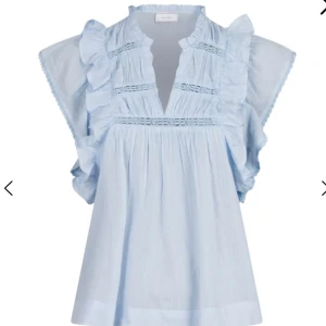 Ljusblå volangblus med spetsdetaljer - Supersöt ljusblå blus med volanger längs axlarna och v-ringning. Blusen har fina spetsdetaljer framtill och bak samt är ärmlös med en luftig passform. 🩵🩵