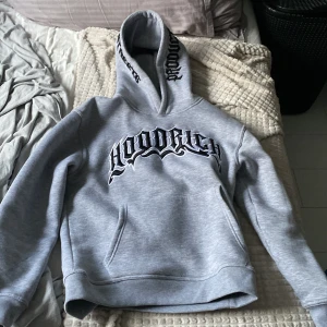 Grå hoodie från Hoodrich - Säljer en grå hoodie från Hoodrich med stor svartvit logga på bröstet och tryck på huvan. Klassisk känguruficka framtill och mjukt material. 
