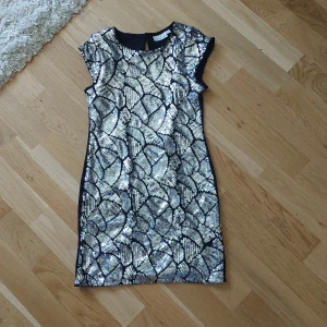 Glittrig silverklänning med svart mönster - Säljer en glittrig silverfärgad klänning med svart mönster och korta ärmar. Klänningen har en figurnära passform och är perfekt för festliga tillfällen. Materialet är syntet och den har en snygg struktur som fångar ljuset.