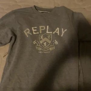 Grå sweatshirt från Replay - Säljer en grå sweatshirt från Replay med tryckt logga och emblem på bröstet. Tröjan har rund halsringning och långa ärmar. Perfekt för en avslappnad stil.
