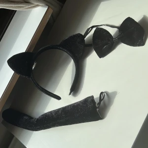 kattöron och svans - Säljer ett svart diadem med mjuka katt öron och svans i sammet, perfekt för maskerad eller fest. Setet inkluderar även en svart rosett och en svans i samma material.