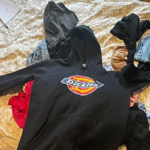 Svart Dickies hoodie med logga - Svart hoodie från Dickies i storlek small med stor färgglad logga framtill. Klassisk huva med snörning och magficka. Perfekt för dig som gillar streetwear och vill ha en bekväm och stilren tröja med tydlig branding. Tyvärr har den gått sönder lite fram.