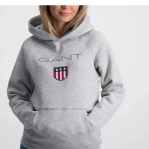 Grå hoodie från GANT med logga - Snygg grå hoodie från GANT med broderad logga och sköld på bröstet. Tröjan har huva, magficka och långa ärmar. Perfekt för en chill och sportig look. Mjuk och skön i bomullsblandning.