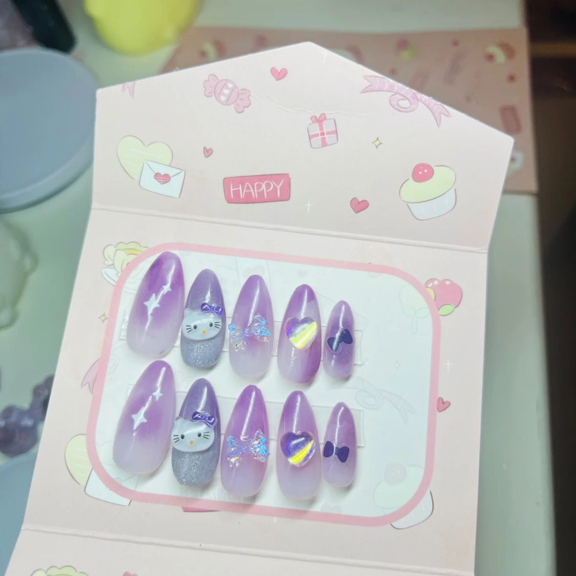 Lila press-on naglar med Hello Kitty - 3