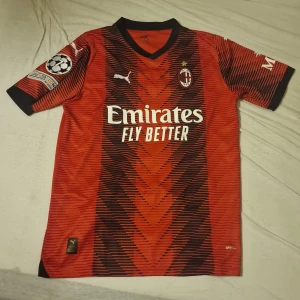 AC Milan Ibrahimovic matchtröja Puma - Snygg AC Milan fotbollströja med Ibrahimovic 11 på ryggen. Tröjan är röd med svarta grafiska mönster, korta ärmar och svarta detaljer. Officiella klubbmärket, Champions League-märke på ärmen och sponsortryck. Tillverkad i lätt funktionsmaterial. Den är storlek L och knappt använd.
