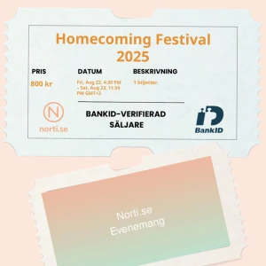 HOMECOMING FESTIVAL 2025 - Säljer 2-dagarsbiljett till Homecoming Festival 22–23 aug i Uppsala. Köpt för 1599 kr – säljer för 799 kr! Hör av dig 🌟