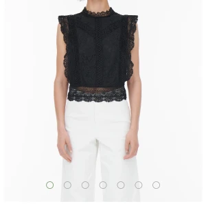 Svart spetsblus från ONLY - Supersnygg svart blus från ONLY med genombruten spets, hög hals och fina volangdetaljer längs ärmhålen. Knappast använd köptes för 1 år sendan. 