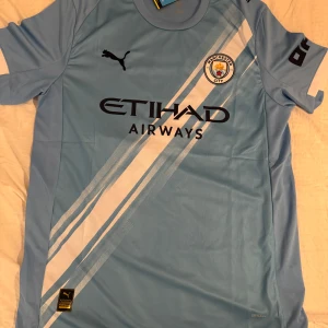 Manchester City Puma matchtröja blå - Manchester Citys officiella matchtröja från Puma i ljusblått med vita diagonala ränder och klubbmärke på bröstet. Tröjan har svart Puma-logga, Etihad Airways-tryck och är tillverkad i lätt, ventilerande polyester med Drycell-teknologi. Kortärmad och sportig passform.