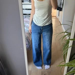 Blå wide jeans från Dazy, stl L - Säljer ett par blå jeans från Dazy i storlek L. De har en loose och wide passform med raka, vida ben och klassisk femficksdesign. Jeansen är i denim med snygg tvätt och normal midja. Perfekta för en avslappnad och trendig look.