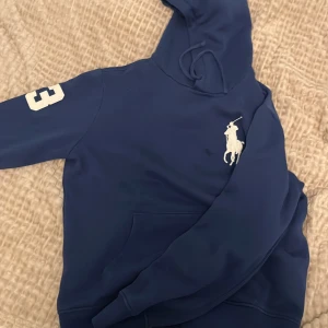 Blå hoodie från Ralph Lauren - Säljer en blå hoodie från Ralph Lauren med stor vit polospelare broderad på bröstet och en vit siffra 3 på ärmen.  Den har en defekt och det är en oljefläck som inte är så synlig. Köpt för 1100 i USA och priset är lägre för defekten. Den är knappast använd. Pris kan diskuteras vid snabb affär. 