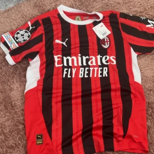 AC Milan matchtröja Rafa Leão Puma - AC Milan matchtröja med Rafa Leão och nummer 10 på ryggen. Klassisk röd och svart randig design med vita detaljer, Puma-logga och Emirates-sponsor på bröstet. Kortärmad modell i lätt och ventilerande material, perfekt för fotbollsälskare.