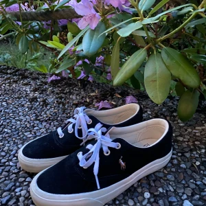 Svarta sneakers från Polo Ralph Lauren - Svarta sneakers från Polo Ralph Lauren med vit sula och vita snören. Klassisk låg modell med rund tå och broderad logga på sidan. Ovandel i mocka för en stilren och clean look. Perfekta för dig som gillar enkel och tidlös stil.