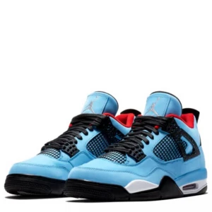 Nike Air Jordans 4 Retro Travis Scott Cactus Jack - Säljer ett par Nike Air Jordans 4 Retro Travis Scott Cactus Jack i ljusblå mocka med svarta och röda detaljer. Skorna har svart snörning, meshpaneler och en vit mellansula. Perfekta för dig som vill sticka ut med din sneakerstil.