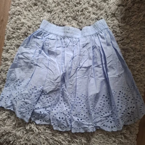 Ljusblå kjol med broderade detaljer - Söt ljusblå kjol med elastisk midja och broderade blommönster nertill. Kjolen är kort och har en luftig känsla, perfekt för varma dagar. Broderierna ger en romantisk touch och tyget är mjukt och bekvämt.