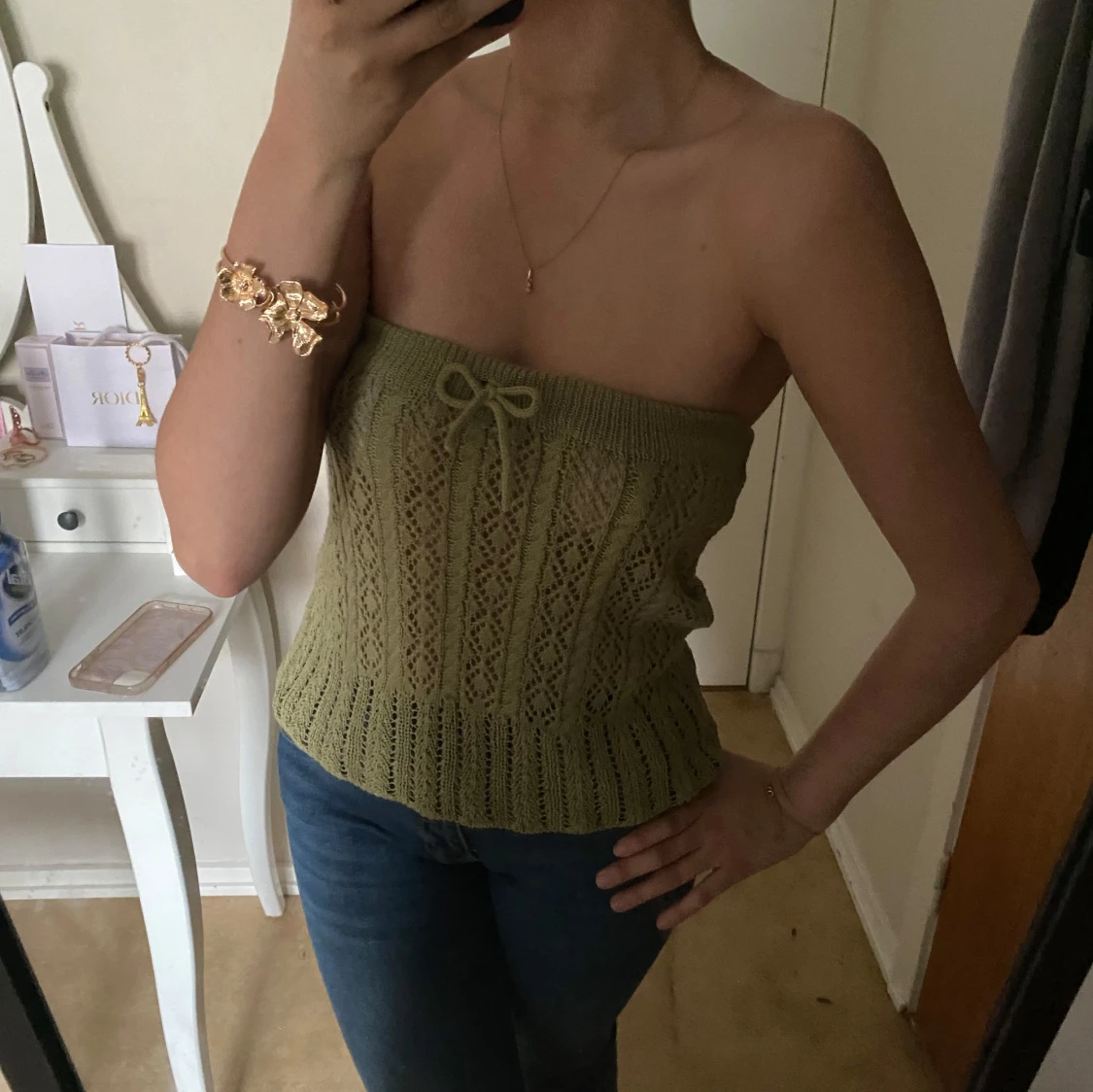 Olivgrön stickad bandeau tubtopp - 3