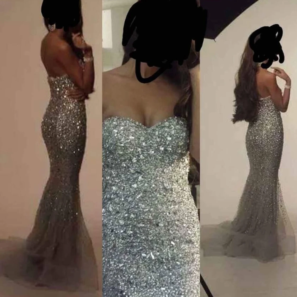 Glittrig axelbandslös långklänning