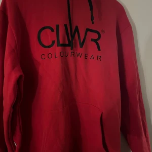 Röd hoodie från Colourwear - Säljer en snygg röd hoodie från Colourwear med svart logga på framsidan. Hoodien har en klassisk design med känguruficka och justerbar huva. Perfekt för en avslappnad stil.