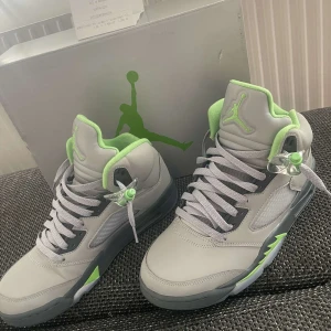 Air Jordan 5 Green Bean sneakers - Air Jordan 5 Green Bean sneakers i silver och grått med neongröna detaljer. Skorna har hög siluett, snörning och reflekterande meshpaneler på sidorna. Mjuk vadderad plös och innersula i grönt, samt ikonisk Jumpman-logga. Perfekta för dig som vill sticka ut. Helt nya med kvitto så ge gärna pris förslag!